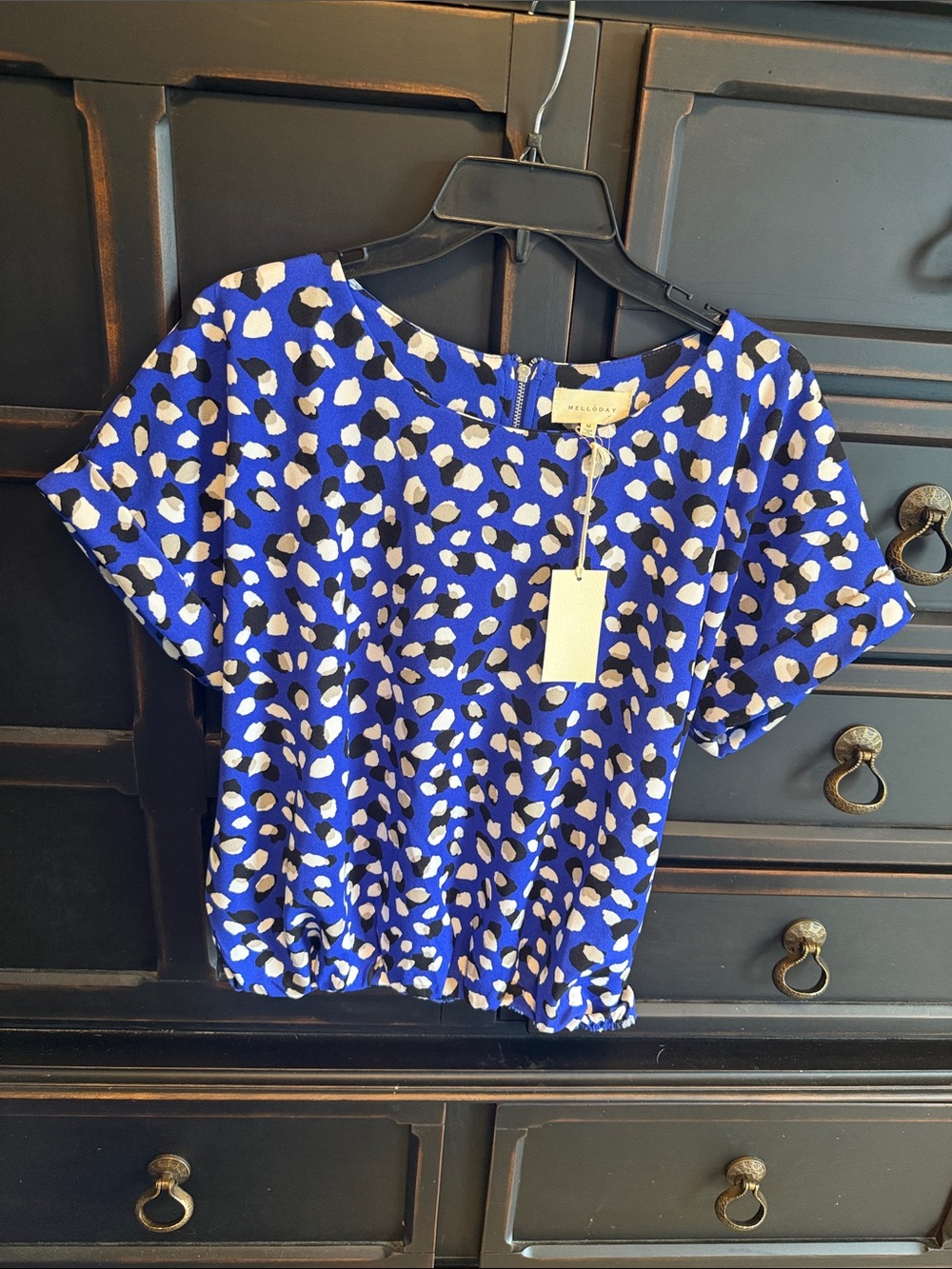 MELLODAY Royal Blue Leopard-Spot Short Sleeve Blouse